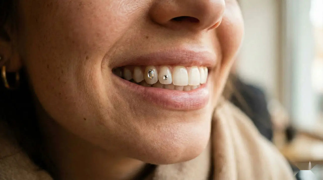 Detalle macro de gema dental brillante aplicada sobre diente natural