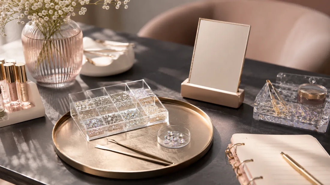 Mesa de estudio beauty con tooth gems profesionales organizadas para aumentar el ticket medio del servicio